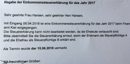 Frau Hansen darf für die Einkommenssteuererklärung nicht «Steuerpflichtige A» sein. Frau Hansen darf für die Einkommenssteuererklärung nicht «Steuerpflichtige A» sein.