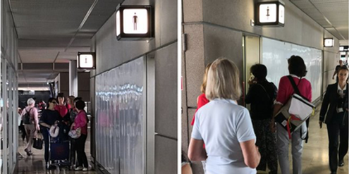 Warteschlangen vor Frauenklos am Flughafen Zürich-Kloten. Warteschlangen vor Frauenklos am Flughafen Zürich-Kloten.