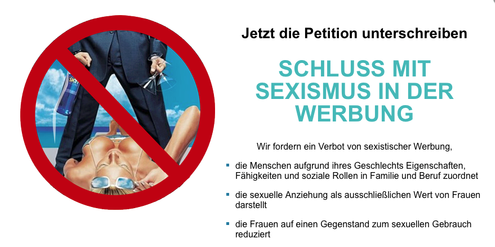 Die Petition verlangt ein landesweites Verbot sexistischer Werbung. Die Petition verlangt ein landesweites Verbot sexistischer Werbung.