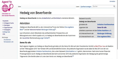 Ausschnitt des Eintrages zu Hedwig von Beverfoerde im Agent*In-Lexikon. Ausschnitt des Eintrages zu Hedwig von Beverfoerde im Agent*In-Lexikon.