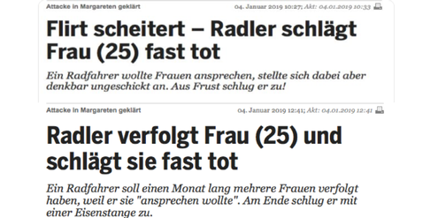 Das Newsportal «Heute.at» korrigierte die Berichterstattung aus Täterperspektive nach zwei Stunden. Das Newsportal «Heute.at» korrigierte die Berichterstattung aus Täterperspektive nach zwei Stunden.