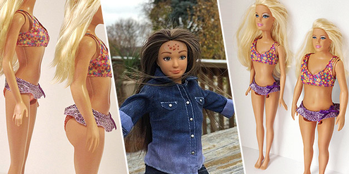 Superdünne Original-Barbie, Barbie mit normaler Figur und Lammily mit aufgeklebten Pickeln (Mitte). Superdünne Original-Barbie, Barbie mit normaler Figur und Lammily mit aufgeklebten Pickeln (Mitte).