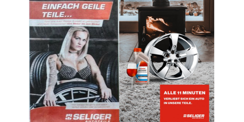 Sexistische Werbung (links) – nicht sexistische Alternative (rechts). Sexistische Werbung (links) – nicht sexistische Alternative (rechts).